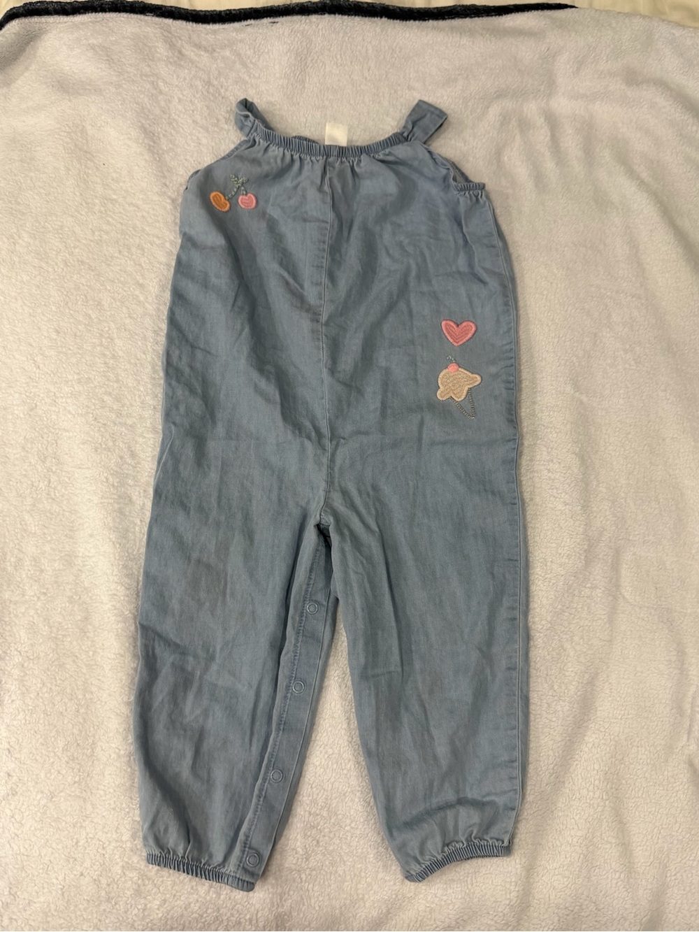 Light Blue Girls' Chambray Jumpsuit with Heart & Fruit Patches